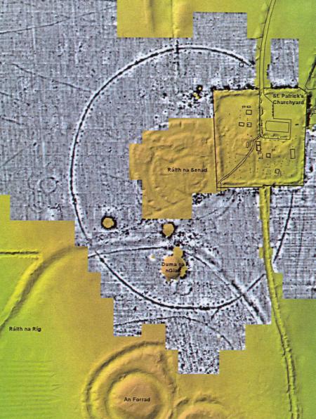 Elevation map of the Hill of Tara, Co. Meath, with geophysics imagery (black and white) overlaid. One of the most stricking features exposed by the geophysics data is a circular enclosure (a 'henge enclosure') equivalent to the size of Croke Park (170m North to South), which is believed to date from around 2500 BC. It comprises a 4m wide ditch, possibly up to 3m deep, on either side of which are great 2m wide pits. These pits probably held around 300 wooden poles between them.