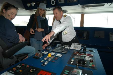 Captain Philip Baugh explains the ships controls on the bridge of RV Celtic Explorer, 11 Apr 2003.